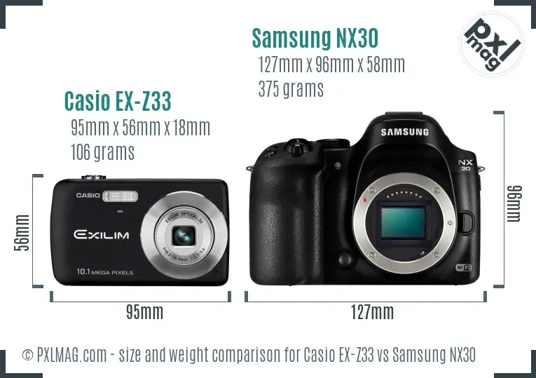 Casio EX-Z33 vs Samsung NX30 size comparison Casio EX-Z33 vs Samsung NX30 size comparison
