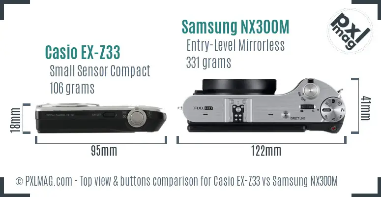 Casio EX-Z33 vs Samsung NX300M top view buttons comparison Casio EX-Z33 vs Samsung NX300M top view buttons comparison