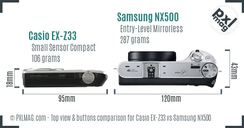 Casio EX-Z33 vs Samsung NX500 top view buttons comparison Casio EX-Z33 vs Samsung NX500 top view buttons comparison