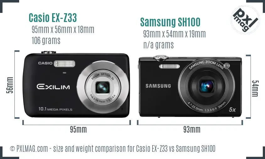 Casio EX-Z33 vs Samsung SH100 size comparison Casio EX-Z33 vs Samsung SH100 size comparison