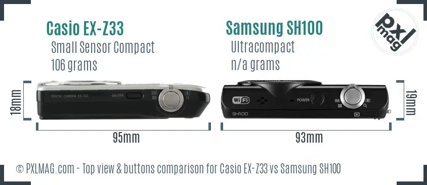 Casio EX-Z33 vs Samsung SH100 top view buttons comparison Casio EX-Z33 vs Samsung SH100 top view buttons comparison