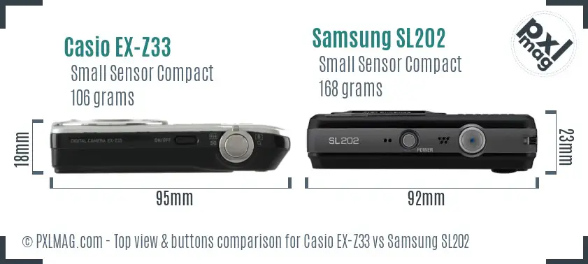 Casio EX-Z33 vs Samsung SL202 top view buttons comparison