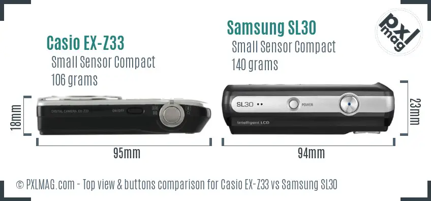 Casio EX-Z33 vs Samsung SL30 top view buttons comparison