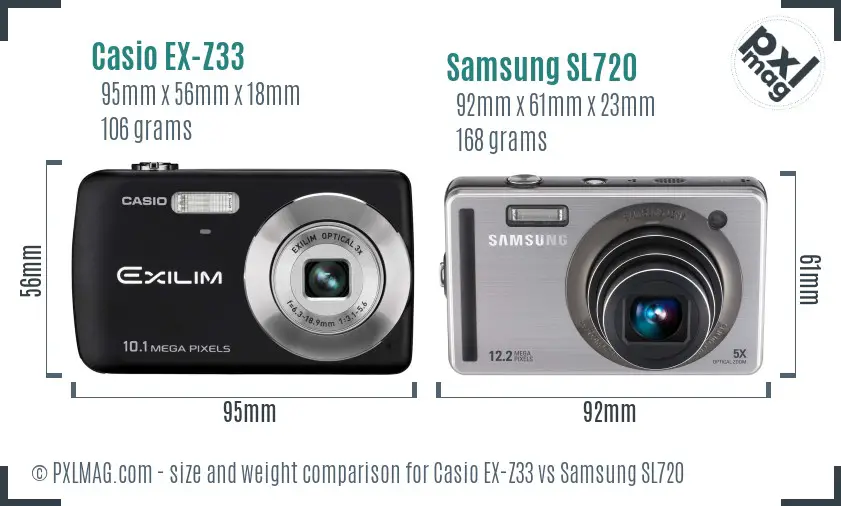 Casio EX-Z33 vs Samsung SL720 size comparison Casio EX-Z33 vs Samsung SL720 size comparison