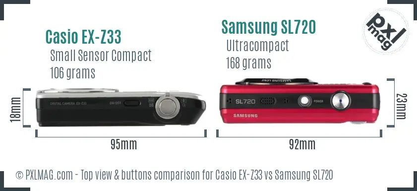 Casio EX-Z33 vs Samsung SL720 top view buttons comparison Casio EX-Z33 vs Samsung SL720 top view buttons comparison