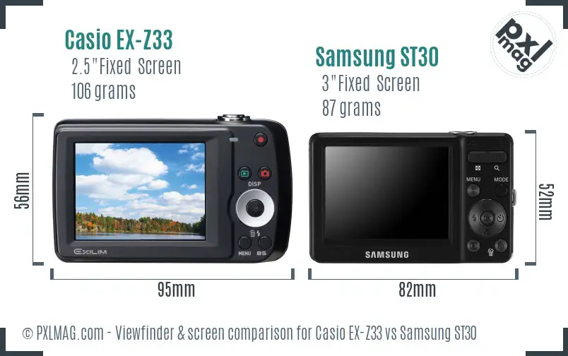 Casio EX-Z33 vs Samsung ST30 Screen and Viewfinder comparison