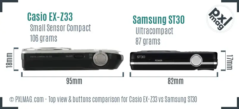 Casio EX-Z33 vs Samsung ST30 top view buttons comparison