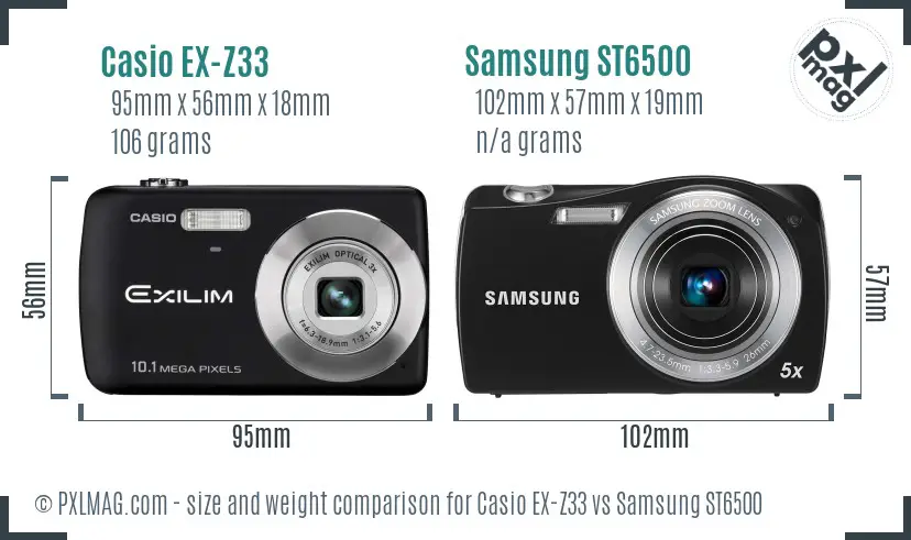 Casio EX-Z33 vs Samsung ST6500 size comparison Casio EX-Z33 vs Samsung ST6500 size comparison