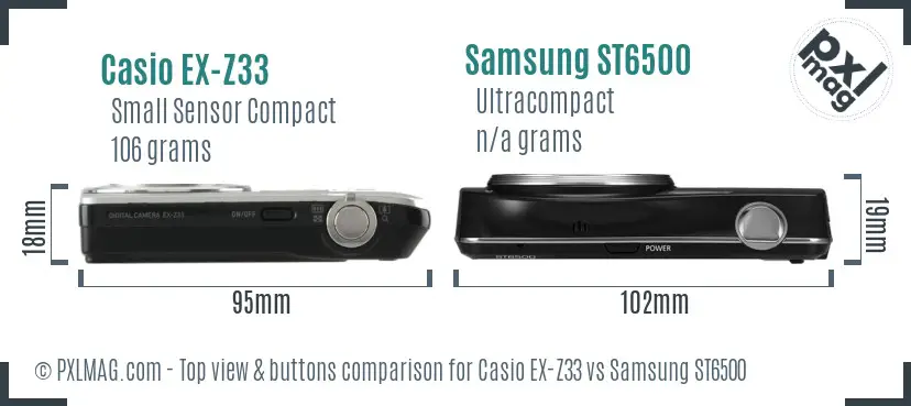 Casio EX-Z33 vs Samsung ST6500 top view buttons comparison Casio EX-Z33 vs Samsung ST6500 top view buttons comparison