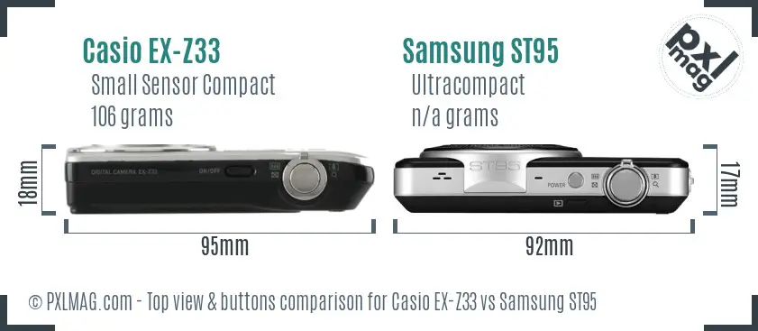 Casio EX-Z33 vs Samsung ST95 top view buttons comparison Casio EX-Z33 vs Samsung ST95 top view buttons comparison