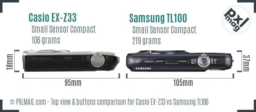 Casio EX-Z33 vs Samsung TL100 top view buttons comparison