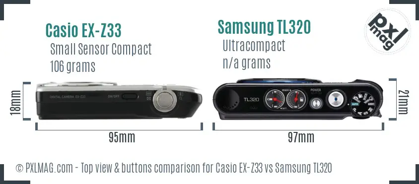 Casio EX-Z33 vs Samsung TL320 top view buttons comparison Casio EX-Z33 vs Samsung TL320 top view buttons comparison