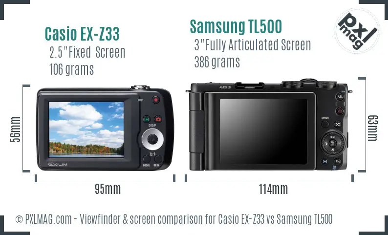 Casio EX-Z33 vs Samsung TL500 Screen and Viewfinder comparison