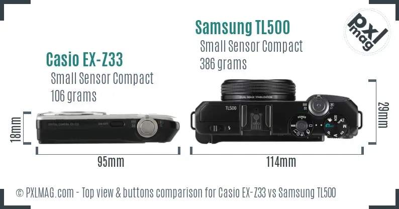 Casio EX-Z33 vs Samsung TL500 top view buttons comparison