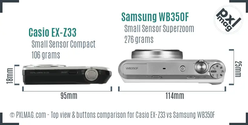 Casio EX-Z33 vs Samsung WB350F top view buttons comparison Casio EX-Z33 vs Samsung WB350F top view buttons comparison