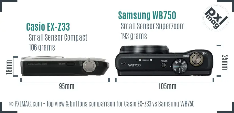 Casio EX-Z33 vs Samsung WB750 top view buttons comparison