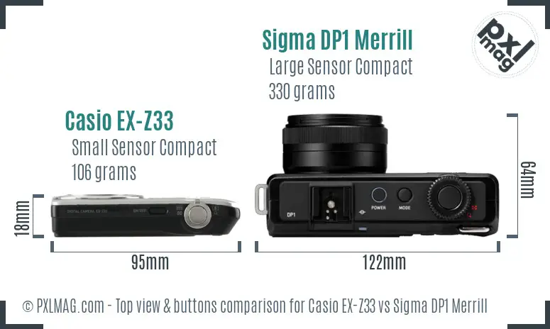 Casio EX-Z33 vs Sigma DP1 Merrill top view buttons comparison