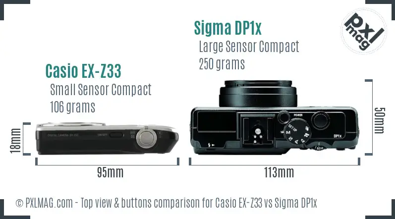 Casio EX-Z33 vs Sigma DP1x top view buttons comparison Casio EX-Z33 vs Sigma DP1x top view buttons comparison