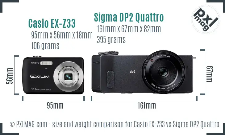 Casio EX-Z33 vs Sigma DP2 Quattro size comparison