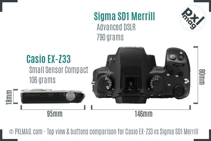 Casio EX-Z33 vs Sigma SD1 Merrill top view buttons comparison