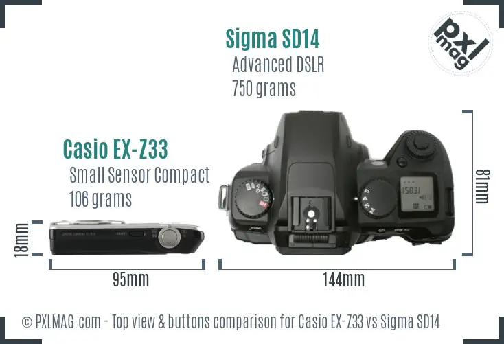 Casio EX-Z33 vs Sigma SD14 top view buttons comparison
