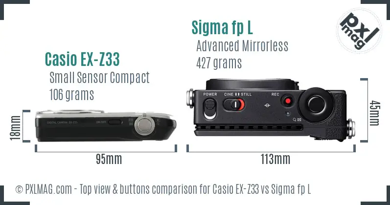 Casio EX-Z33 vs Sigma fp L top view buttons comparison Casio EX-Z33 vs Sigma fp L top view buttons comparison