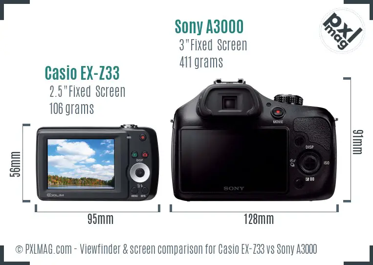 Casio EX-Z33 vs Sony A3000 Screen and Viewfinder comparison