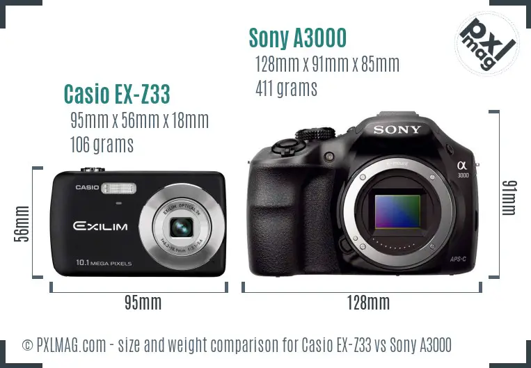 Casio EX-Z33 vs Sony A3000 size comparison