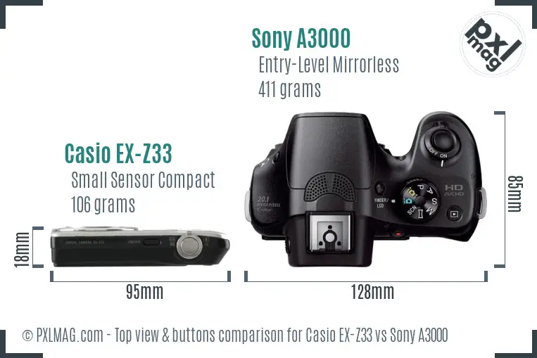 Casio EX-Z33 vs Sony A3000 top view buttons comparison