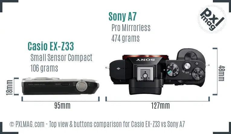 Casio EX-Z33 vs Sony A7 top view buttons comparison