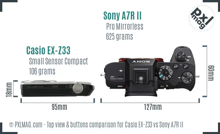 Casio EX-Z33 vs Sony A7R II top view buttons comparison