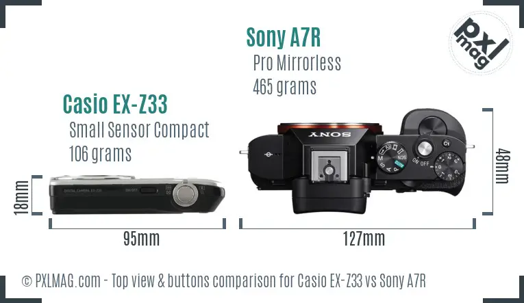 Casio EX-Z33 vs Sony A7R top view buttons comparison