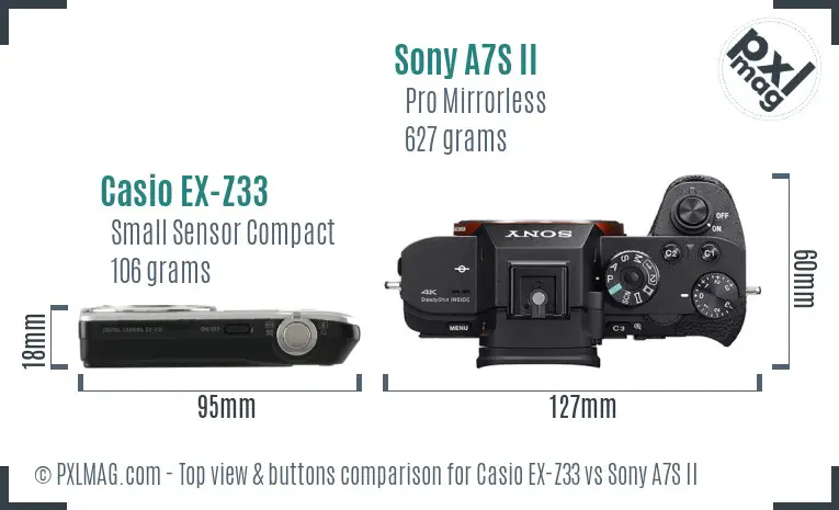Casio EX-Z33 vs Sony A7S II top view buttons comparison