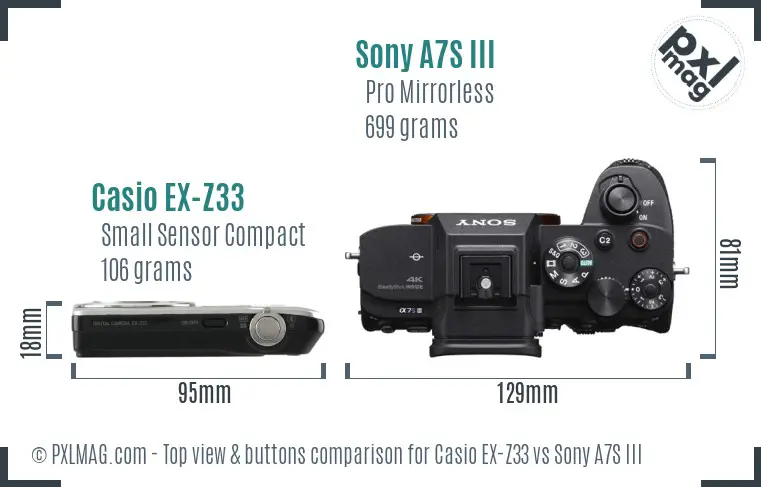 Casio EX-Z33 vs Sony A7S III top view buttons comparison