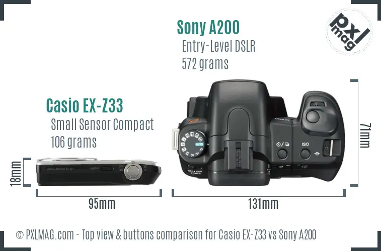 Casio EX-Z33 vs Sony A200 top view buttons comparison Casio EX-Z33 vs Sony A200 top view buttons comparison