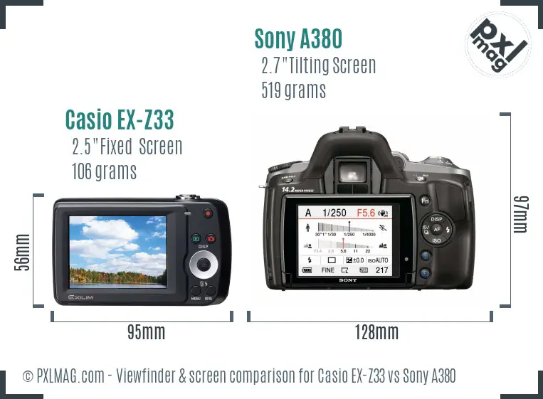 Casio EX-Z33 vs Sony A380 Screen and Viewfinder comparison