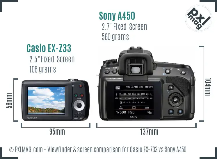 Casio EX-Z33 vs Sony A450 Screen and Viewfinder comparison