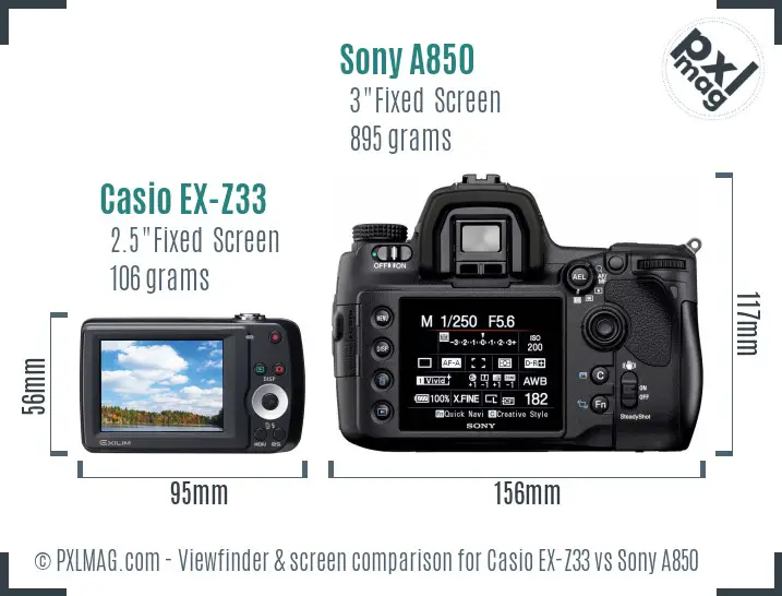 Casio EX-Z33 vs Sony A850 Screen and Viewfinder comparison