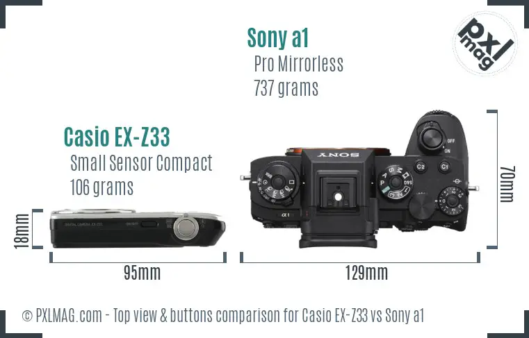 Casio EX-Z33 vs Sony a1 top view buttons comparison Casio EX-Z33 vs Sony a1 top view buttons comparison