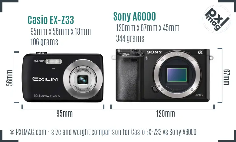 Casio EX-Z33 vs Sony A6000 size comparison