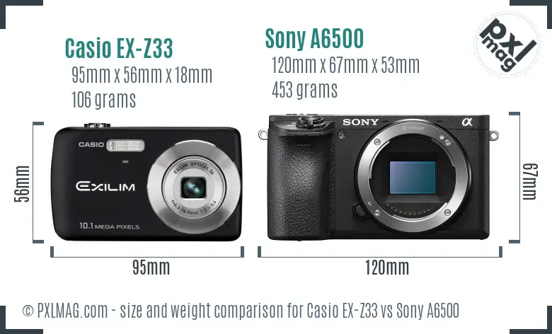 Casio EX-Z33 vs Sony A6500 size comparison