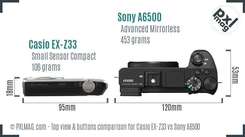 Casio EX-Z33 vs Sony A6500 top view buttons comparison