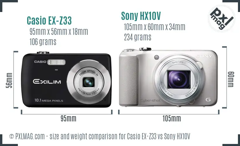 Casio EX-Z33 vs Sony HX10V size comparison