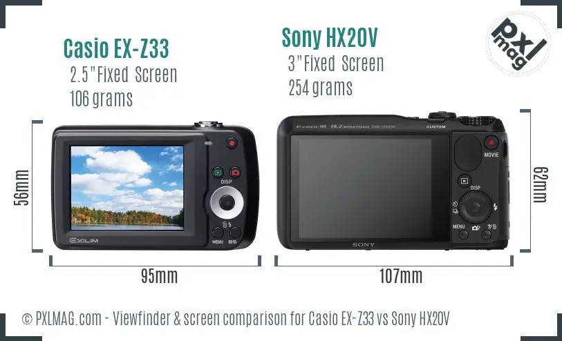 Casio EX-Z33 vs Sony HX20V Screen and Viewfinder comparison