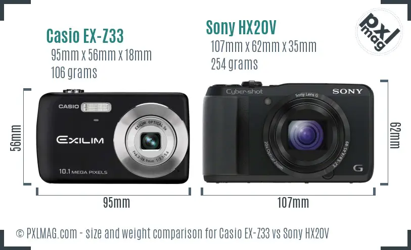 Casio EX-Z33 vs Sony HX20V size comparison