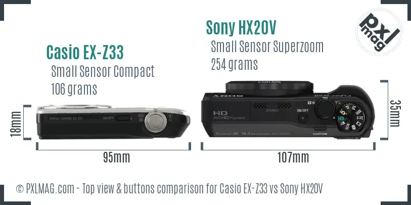 Casio EX-Z33 vs Sony HX20V top view buttons comparison