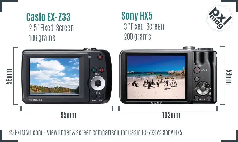 Casio EX-Z33 vs Sony HX5 Screen and Viewfinder comparison