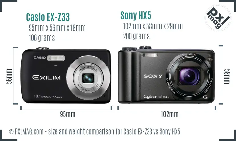 Casio EX-Z33 vs Sony HX5 size comparison Casio EX-Z33 vs Sony HX5 size comparison