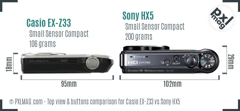 Casio EX-Z33 vs Sony HX5 top view buttons comparison