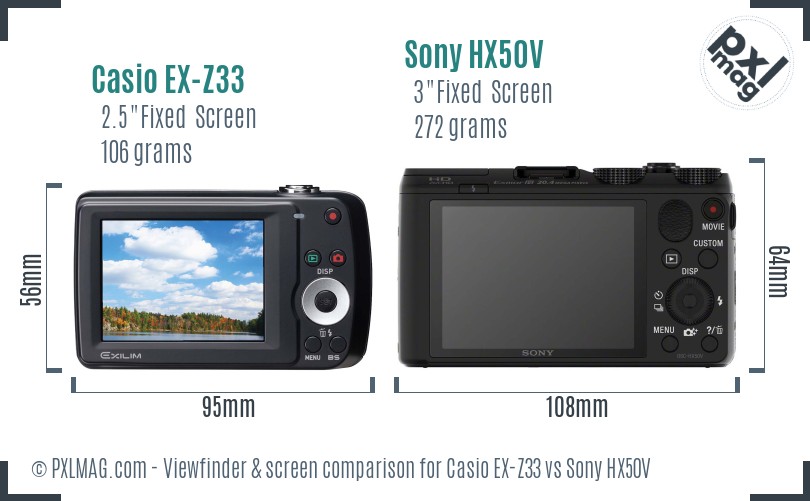 Casio EX-Z33 vs Sony HX50V Screen and Viewfinder comparison